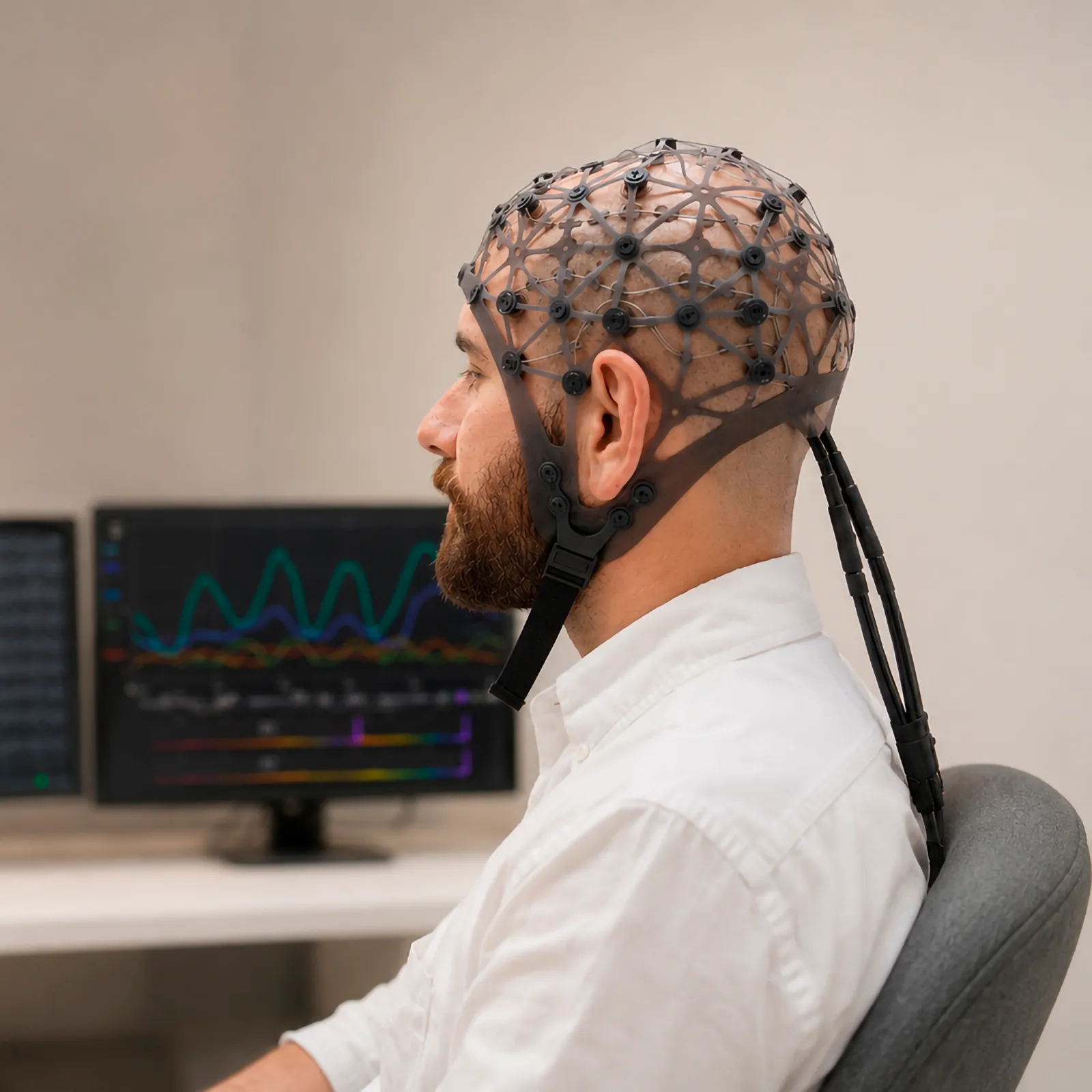 Foto: explicación de los resultados de un qEEG sobre mapas cerebrales en pantalla